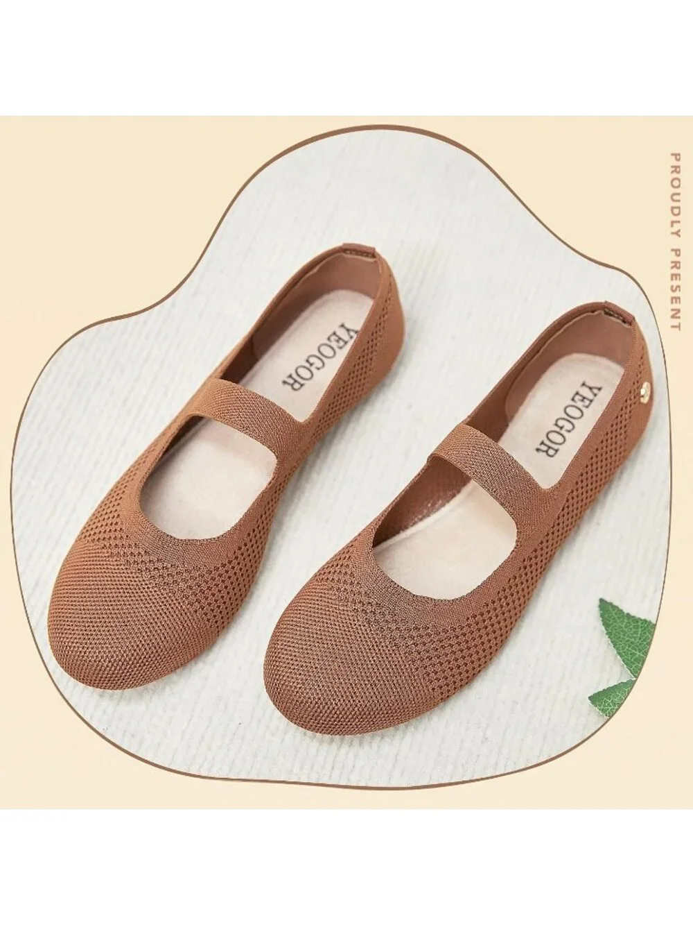 Women's Knit Brown Micro Fiber Comfortable Round Toe Flats Slip on Casual Shoes